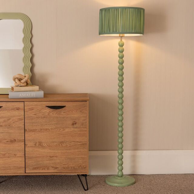 ValueLights Bobbins Sage Green Floor Lamp with Ruched Pleated Drum Lamp Shade & LED Bulb in Pale Green - image 1