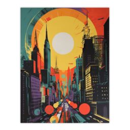 Artery8 Wall Art Print Wall Street New York City Retro Sunrise Cityscape 60's Style Abstract USA Vibrant Bold Bright Colourful Painting Poster - thumbnail 1