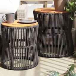 Berkfield Home Garden Side Tables 2 pcs with Wooden Top Grey Poly Rattan - thumbnail 1