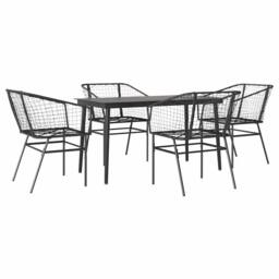 Berkfield Home 5 Piece Garden Dining Set Black Poly Rattan Glass - thumbnail 1