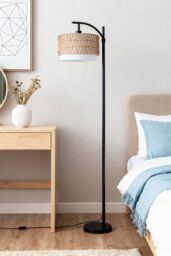 Living and Home Boho Floor Lamp - Rattan & Linen Double Shade - thumbnail 3
