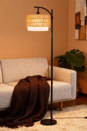 Living and Home Boho Floor Lamp - Rattan & Linen Double Shade - thumbnail 2