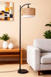 Living and Home Boho Floor Lamp - Rattan & Linen Double Shade - thumbnail 1