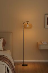 Living and Home Boho Floor Lamp - Rattan & Linen Double Shade - thumbnail 4