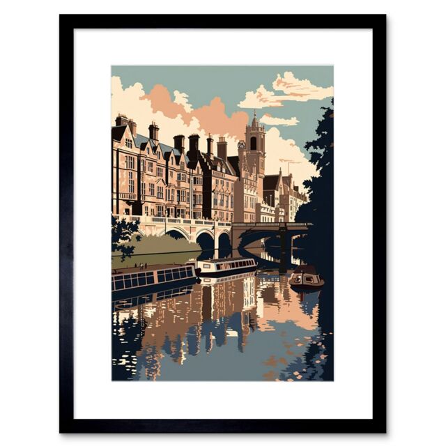 "Artery8 Wall Art Print River Cam & University of Cambridge Buildings Artwork Framed 9X7 Inch in Black - Size: W7"" x H9""" - image 1