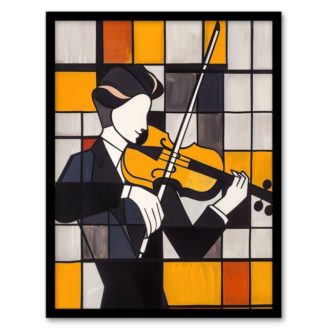 Artery8 Violinist Painting Cubism Classical Music Lover Framed Art Print in Yellow - Size: A4 - image 1