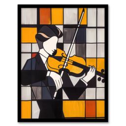 Artery8 Violinist Painting Cubism Classical Music Lover Framed Art Print in Yellow - Size: A4 - thumbnail 1