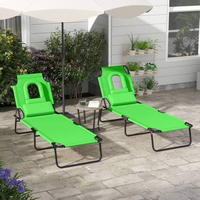 OUTSUNNY Folding Sun Lounger Set of 2 Reclining Chair with Reading Hole in Green - image 1