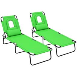 OUTSUNNY Folding Sun Lounger Set of 2 Reclining Chair with Reading Hole in Green - thumbnail 2