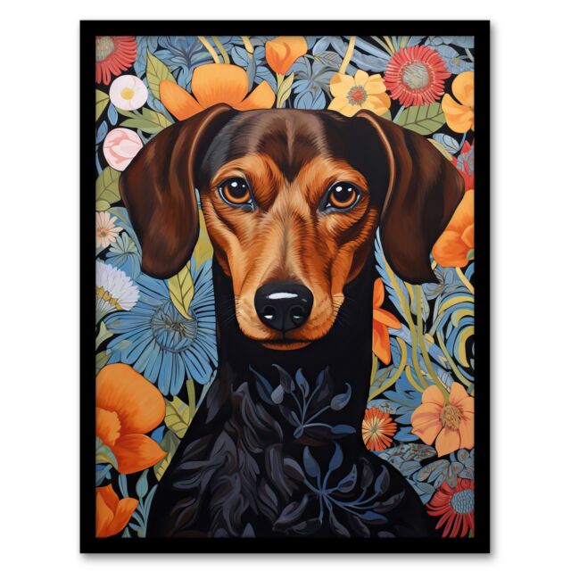Artery8 Wall Art Print Dachshund Dog On Elegant Floral Backdrop William Morris Style Pattern Artwork Art Framed in Black - Size: A4 - image 1