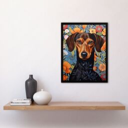 Artery8 Wall Art Print Dachshund Dog On Elegant Floral Backdrop William Morris Style Pattern Artwork Art Framed in Black - Size: A4 - thumbnail 4