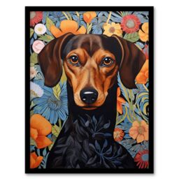 Artery8 Wall Art Print Dachshund Dog On Elegant Floral Backdrop William Morris Style Pattern Artwork Art Framed in Black - Size: A4 - thumbnail 1