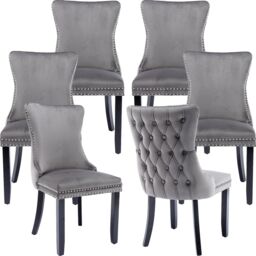 HomeTouch Sierra Set of 6 Lux Dining Chairs Velvet Tufted Wing Back Kitchen Chairs with Oak Wood Legs in Grey - Size: 6 Pack - thumbnail 9