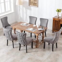 HomeTouch Sierra Set of 6 Lux Dining Chairs Velvet Tufted Wing Back Kitchen Chairs with Oak Wood Legs in Grey - Size: 6 Pack