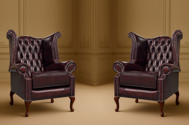 Somnior 2 Leather Chesterfield Wingback Scrolled Arm Chair Set UK Manufactured in Dark Red - Size: 1 Seater - image 1