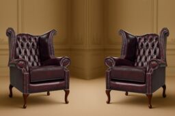 Somnior 2 Leather Chesterfield Wingback Scrolled Arm Chair Set UK Manufactured in Dark Red - Size: 1 Seater