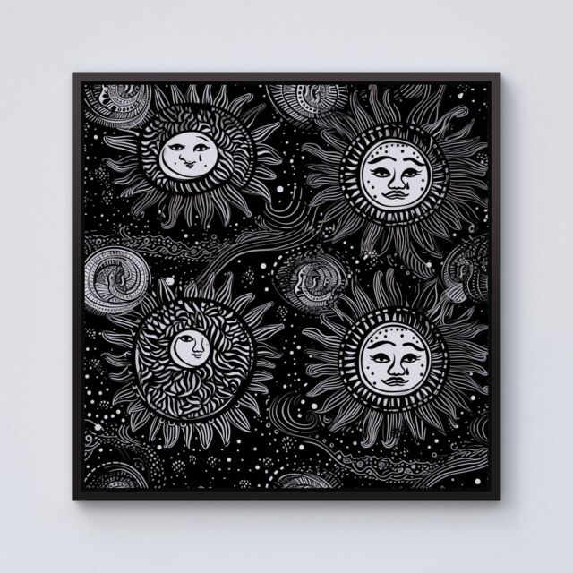 Warren Reed - Designer Moon & Sun White Black Framed Canvas - Size: w40 inch x h40 inch - image 1