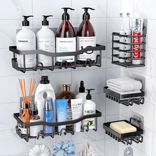 Dragodirect 5 Pack Shower Caddy with Wall Stickers Rustproof No Drilling Stainless Steel Shower Caddy Bathroom Storage Organizer in Black - image 1