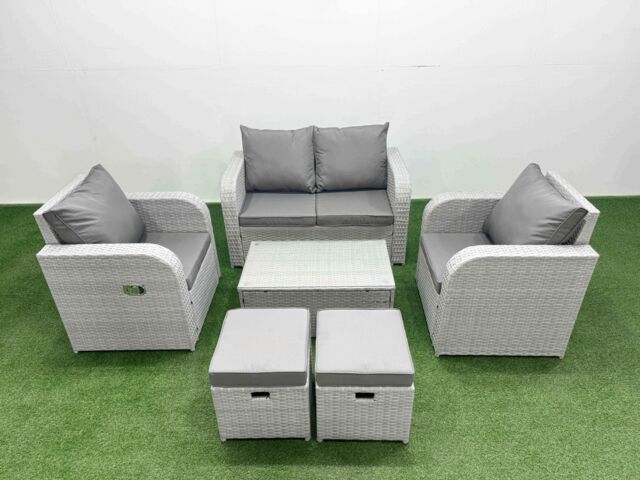 Fimous Light Grey PE Wicker Rattan Garden Furniture Set Sofa Set Reclining Adjustable Chair Rectangular Coffee Table 6 Seater 2 Small Stools - image 1