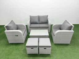 Fimous Light Grey PE Wicker Rattan Garden Furniture Set Sofa Set Reclining Adjustable Chair Rectangular Coffee Table 6 Seater 2 Small Stools - thumbnail 1