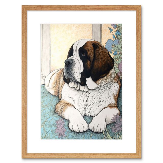 "Artery8 Wall Art Print St Bernard Dog Lying by Flower Pot Modern Bright Multicoloured Artwork Framed 9X7 Inch in Beige - Size: W7"" x H9""" - image 1