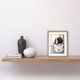 "Artery8 Wall Art Print St Bernard Dog Lying by Flower Pot Modern Bright Multicoloured Artwork Framed 9X7 Inch in Beige - Size: W7"" x H9""" - thumbnail 2