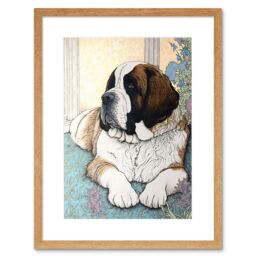 "Artery8 Wall Art Print St Bernard Dog Lying by Flower Pot Modern Bright Multicoloured Artwork Framed 9X7 Inch in Beige - Size: W7"" x H9""" - thumbnail 1