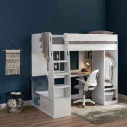 Flair Harry High Sleeper Bed with Desk, Wardrobe & Storage in White - Size: Single - thumbnail 1