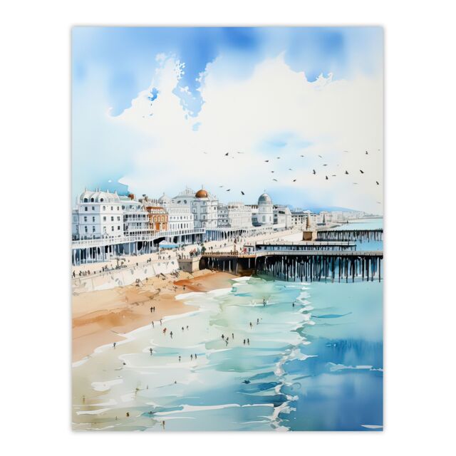 "Artery8 Wall Art Print Brighton Beach Watercolour Busy Promenade Coastal Poster Picture in Blue - Size: W18"" x H24""" - image 1