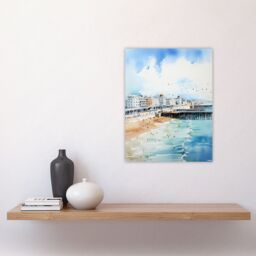 "Artery8 Wall Art Print Brighton Beach Watercolour Busy Promenade Coastal Poster Picture in Blue - Size: W18"" x H24""" - thumbnail 4