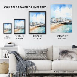 "Artery8 Wall Art Print Brighton Beach Watercolour Busy Promenade Coastal Poster Picture in Blue - Size: W18"" x H24""" - thumbnail 3