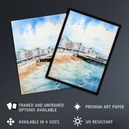 "Artery8 Wall Art Print Brighton Beach Watercolour Busy Promenade Coastal Poster Picture in Blue - Size: W18"" x H24""" - thumbnail 2