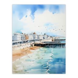 "Artery8 Wall Art Print Brighton Beach Watercolour Busy Promenade Coastal Poster Picture in Blue - Size: W18"" x H24""" - thumbnail 1