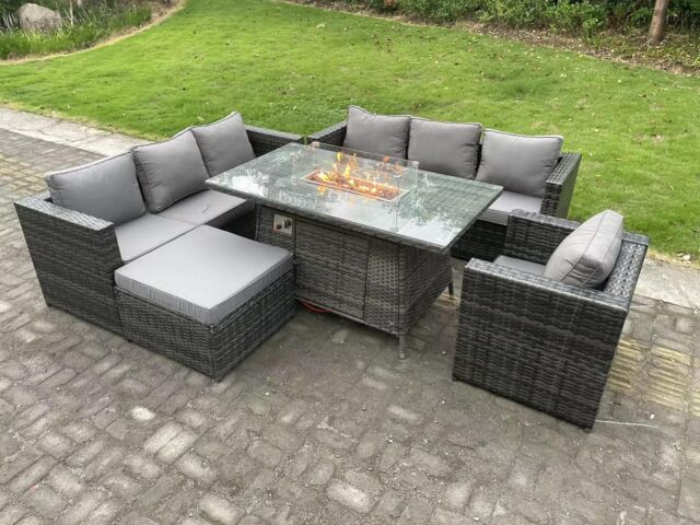 Fimous Outdoor Rattan Garden Furniture Sofa Set Gas Fire Pit Dining Table Gas Heater Burner With Armchair in Dark Grey - image 1
