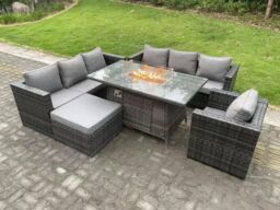 Fimous Outdoor Rattan Garden Furniture Sofa Set Gas Fire Pit Dining Table Gas Heater Burner With Armchair in Dark Grey - thumbnail 3