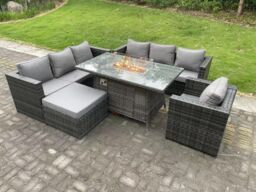 Fimous Outdoor Rattan Garden Furniture Sofa Set Gas Fire Pit Dining Table Gas Heater Burner With Armchair in Dark Grey - thumbnail 1