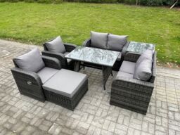 Fimous Wicker PE Rattan Garden Dining Set Outdoor Furniture Sofa with Rectangular Dining Table Big Footstool Side Table in Dark Grey - thumbnail 2