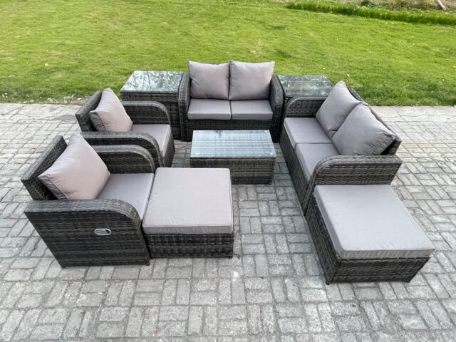 Fimous High Back Rattan Garden Furniture Set with Loveseat Sofa Coffee Table 2 Side Tables 2 Big Footstool Indoor Outdoor Patio Lounge Sofa Set - image 1