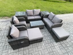 Fimous High Back Rattan Garden Furniture Set with Loveseat Sofa Coffee Table 2 Side Tables 2 Big Footstool Indoor Outdoor Patio Lounge Sofa Set - thumbnail 2