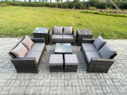 Fimous Outdoor Lounge Sofa Set Wicker PE Rattan Garden Furniture Set with Square Coffee Table Double Seat Sofa 2 Small Footstools in Dark Grey - thumbnail 1