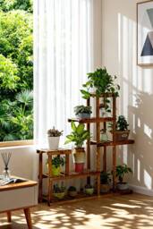 ExtraStar Vintage Wood Plant Stand, Multi-Tiered Flower Pot Holder in Brown - thumbnail 1