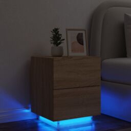 Berkfield Home Bedside Cabinet with LED Lights Sonoma Oak Engineered Wood in Brown - thumbnail 1