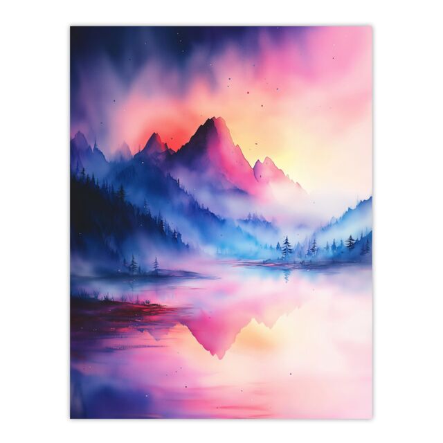 "Artery8 Misty Mountain Forest Lake Sunset Sky Watercolour Wall Art Print in Pink - Size: W18"" x H24""" - image 1