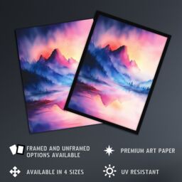 "Artery8 Misty Mountain Forest Lake Sunset Sky Watercolour Wall Art Print in Pink - Size: W18"" x H24""" - thumbnail 2