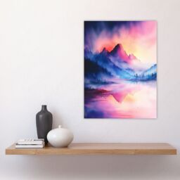 "Artery8 Misty Mountain Forest Lake Sunset Sky Watercolour Wall Art Print in Pink - Size: W18"" x H24""" - thumbnail 4