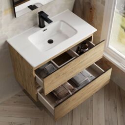 Banyetti Vatilla 800mm Wall Hung Vanity Unit with Athena Basin - Ostippo Oak in Light Oak - thumbnail 3
