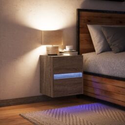 Berkfield Home Wall-mounted Bedside Cabinet with LED Lights Brown Oak - thumbnail 3
