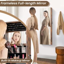 Gymax 110cm Jewellery Mirror Cabinet Wall/Door Mounted Jewelry Organizer in Brown - thumbnail 5