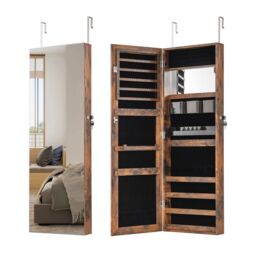 Gymax 110cm Jewellery Mirror Cabinet Wall/Door Mounted Jewelry Organizer in Brown - thumbnail 1