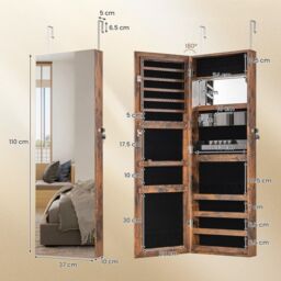Gymax 110cm Jewellery Mirror Cabinet Wall/Door Mounted Jewelry Organizer in Brown - thumbnail 2